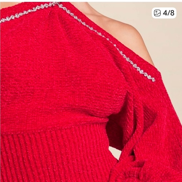 NWOT!!!VENUS Stylish Red Chenille Embellished Off-Shoulder Sweater - Picture 3 of 5